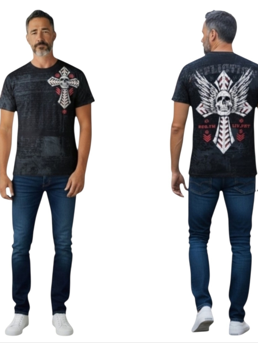Affliction T-Shirt Skull Cross Wings Biker Black Size XL - Picture 3 of 15
